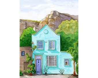 Blue House Original Watercolor Painting – Whimsical Cottage Wall Art, Hand-Painted Architecture Artwork, Home Portrait, Countryside Decor