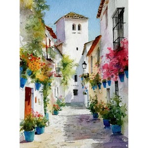 May include: Watercolour painting of a narrow European street with white buildings, red tile roofs, and vibrant flowers in blue pots. A tall white tower is visible in the background, and the sky is a clear blue.