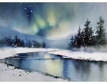 Impresión giclée en acuarela de invierno de la Aurora Boreal de Alaska – Arte mural de paisaje de río nevado, pintura de la Aurora Boreal, decoración de cabaña
