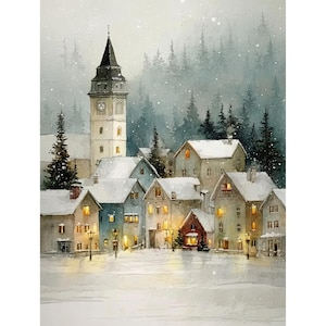 Impression giclée aquarelle village d'hiver enneigé - oeuvre d'art vintage de paysage, art mural de vacances, décoration de maison de Noël