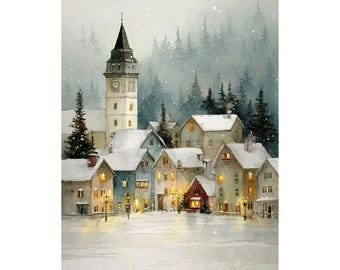 Snowy Winter Village Watercolor Giclée Print – Vintage Landscape Artwork, Holiday Wall Art, Christmas Home Décor