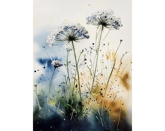 May include: Watercolour painting of wildflowers with delicate white blooms and green stems. The artwork features a soft, blurred background with blue and brown hues, and black paint splatters. The overall theme is nature and botanical art.