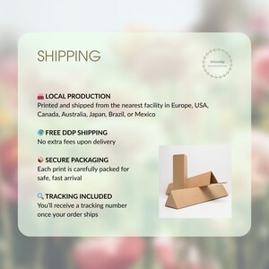 May include: Image with text about shipping details, including local production, free DDP shipping, secure packaging, and tracking included. A graphic shows a cardboard box used for packaging.