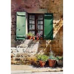 Puede incluir: Pintura a la acuarela de una ventana soleada con contraventanas verdes y una pared de ladrillo. La ventana tiene un marco de madera y está llena de plantas en macetas. La pared es de ladrillos claros, evocando tranquilidad.