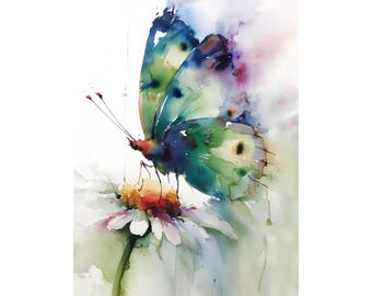 May include: Watercolor painting of a butterfly with green, blue, and purple wings, perched on a white daisy with a yellow center. The artwork has a soft, ethereal quality with blended colors and delicate details, evoking a sense of nature and tranquility.