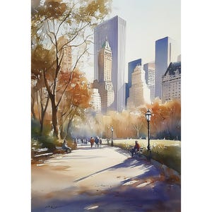 New York Central Park Watercolor Print, Autumn NYC Skyline Wall Art, City Landscape Painting, Urban Park Home Décor, Travel Gift