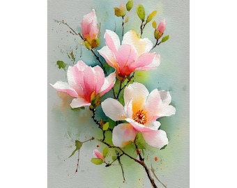 Impresión artística giclée de acuarela de magnolia rosa: arte mural floral botánico primaveral para dormitorio o sala de estar.