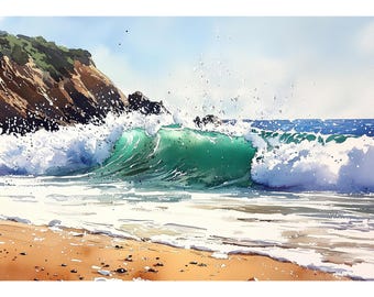 May include: A watercolour painting depicting a breaking wave in the ocean. The wave is a striking turquoise hue, with white foam and spray. A sandy beach and a rocky cliff are in the background, under a blue sky. The artwork captures the dynamic energy of the sea.
