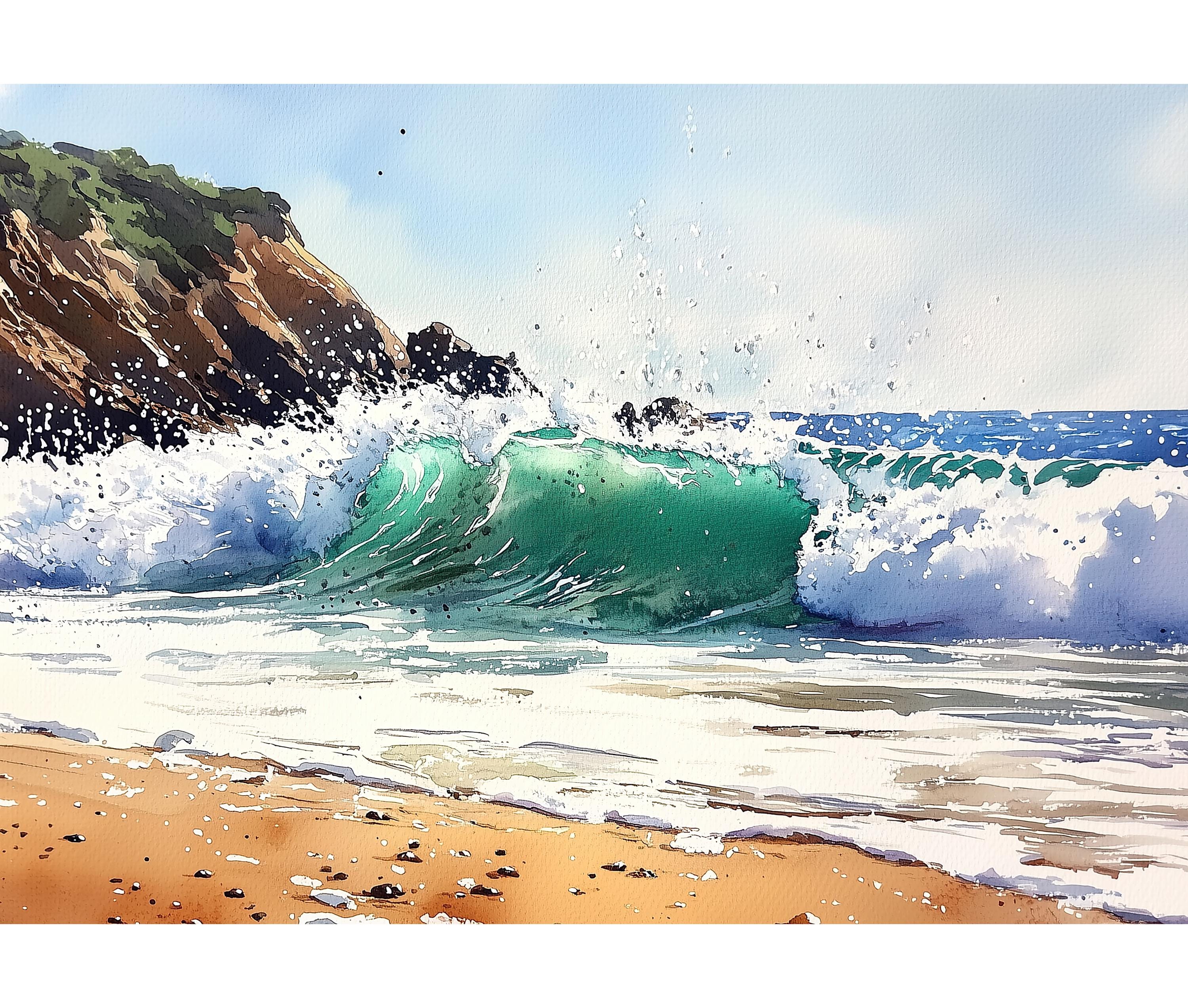 海の波の水彩画 - 海岸沿いのビーチハウスアート - Etsy 日本
