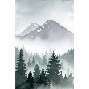Paesaggio nebbioso Pittura ad acquerello originale Opera d'arte minimalista con foresta di pini nebbiosi • Alberi sempreverdi Arte originale Paesaggio montano