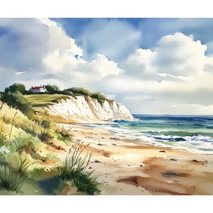 May include: A watercolour painting depicting a coastal landscape with a white cliff, sandy beach, and the sea. A house is perched on the cliff, surrounded by greenery. The sky is filled with white clouds, and the water is a blend of blue and green.