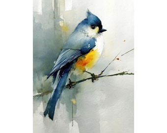 Könnte beinhalten: Aquarellmalerei eines kleinen Vogels, der auf einem dünnen Ast sitzt. Der Vogel hat blaue, gelbe und weiße Federn. Der Hintergrund ist ein weiches, gedämpftes Grau mit gelben Farbtupfern.