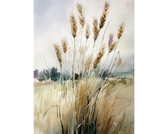 Goldener Weizen Aquarelldruck - Rustikale Bauernhaus Wandkunst, Landhaus Dekor, Herbst Landschaft, Erntedank Geschenk