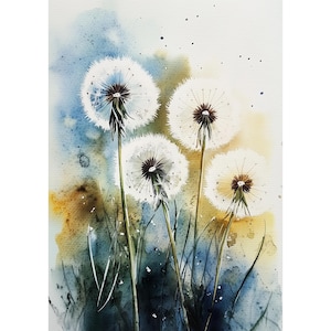 Spring Dandelion Watercolor Art Print, Botanical Wall Decor, Floral Landscape, Modern Wildflower Painting for Bedroom, Nursery or Office