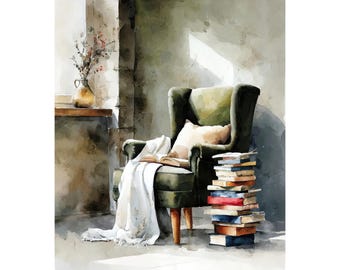 Puede incluir: Pintura a la acuarela de un rincón de lectura acogedor. Un sillón verde con una almohada color crema y una manta blanca sobre él. Una pila de libros está al lado de la silla. Un jarrón con flores está en una repisa cercana.