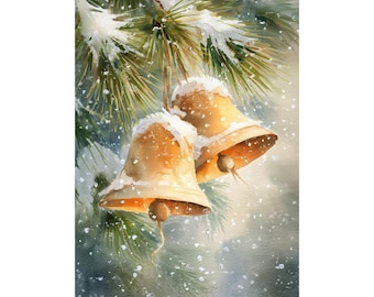 Golden Christmas Bells Watercolor Giclée Print – Holiday Wall Art for Living Room, Seasonal Festive Décor, Winter Snowy Pine Branch Poster