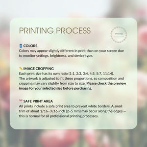 May include: A light green information card with the title "PRINTING PROCESS" and details about colors, image cropping, and safe print area. The card includes text about print variations and cropping adjustments.