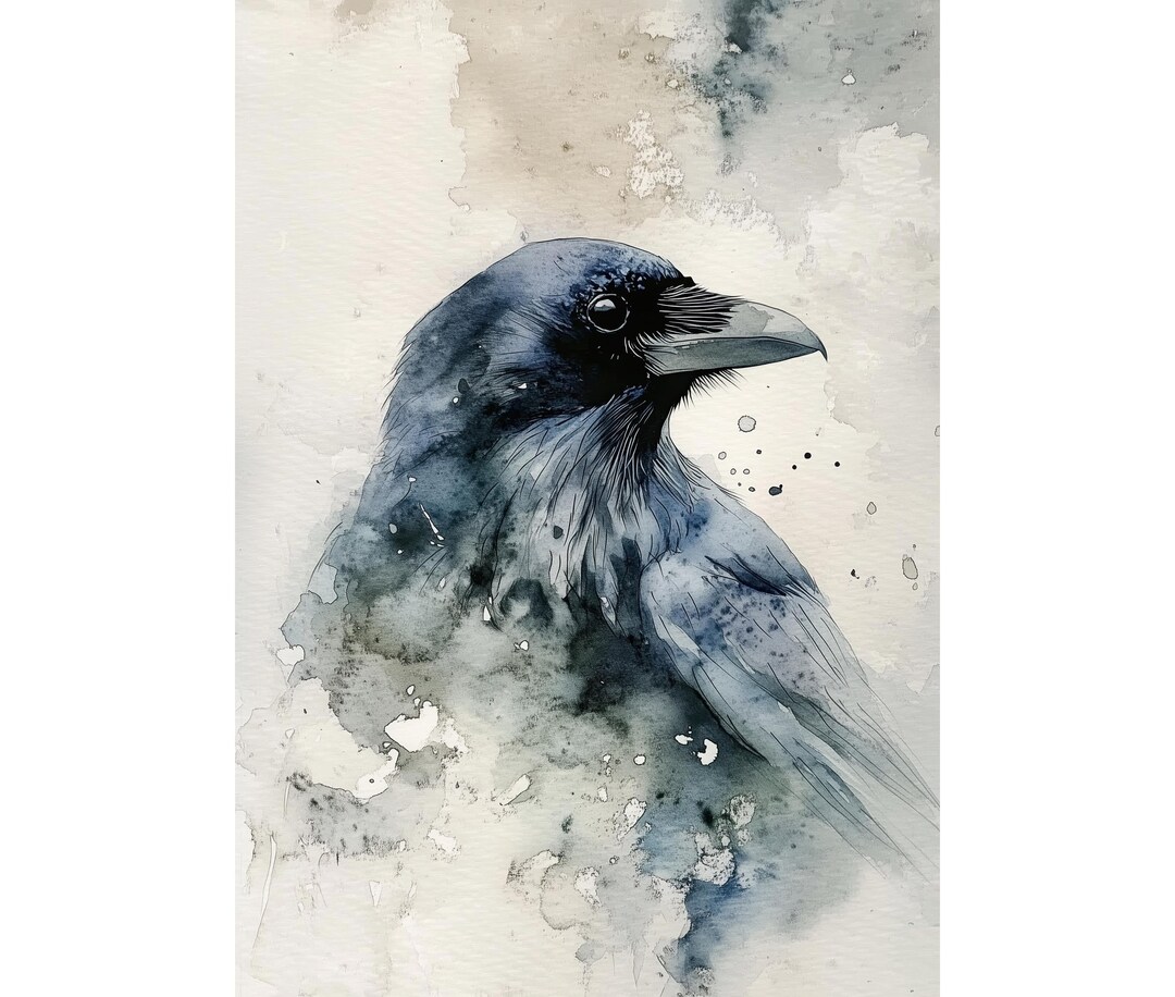 Black Raven Watercolor Art Print, Mystical Corvus Portrait, Gothic Wall ...