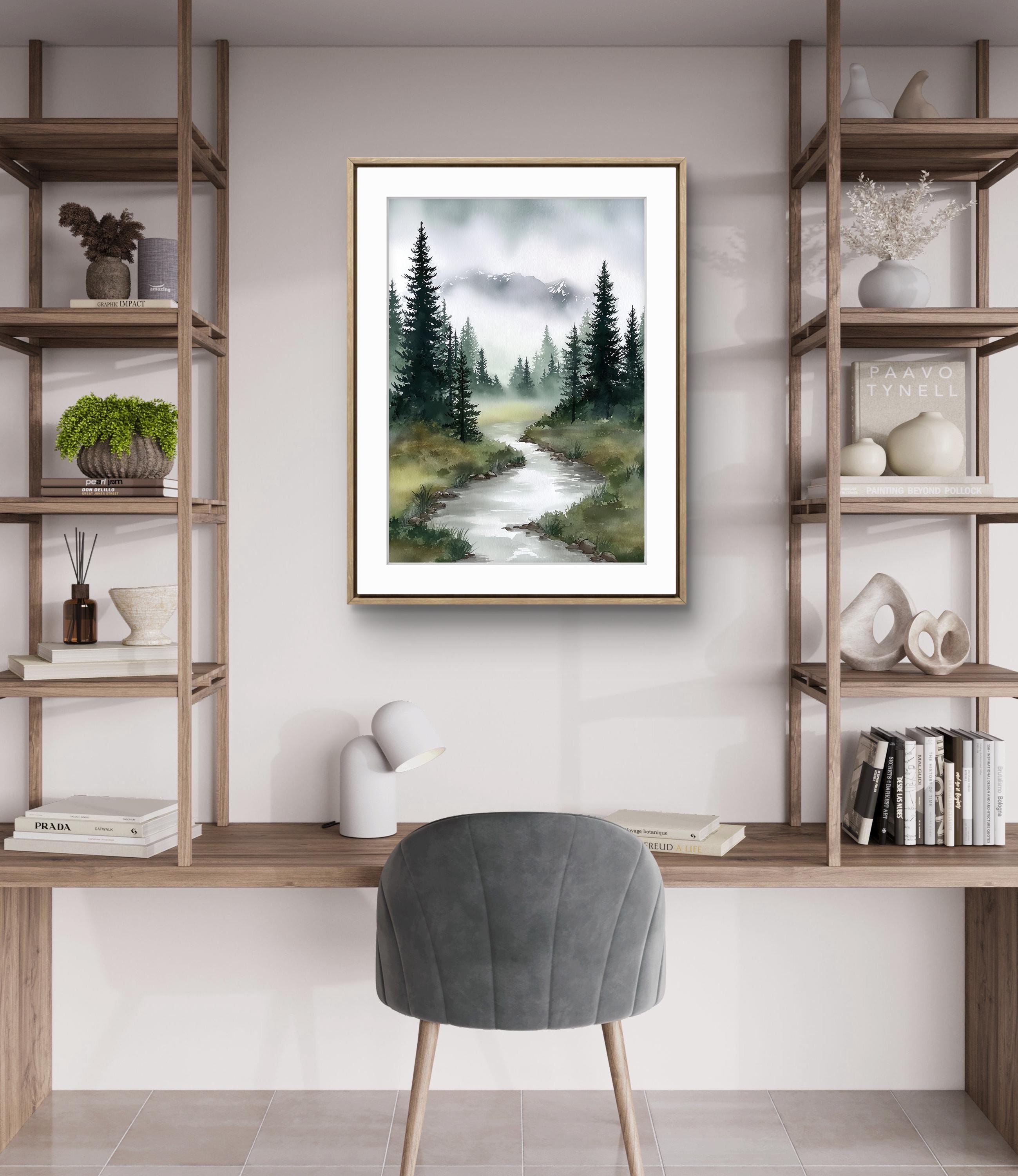 Misty Pine Forest Watercolor Art Print – Mountain Stream Giclée - Etsy