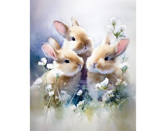 Impresión artística giclée de acuarela de conejito bebé: adorable arte de pared para guardería, ilustración de animales suaves para habitación infantil, decoración de Pascua para el hogar.