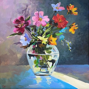 Pintura original de flores mortas: buquê em vaso, arte acrílica abstrata, decoração floral de parede de apartamento, presente de aniversário, dia das mães