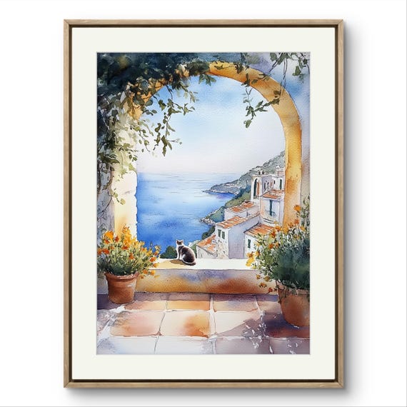 アマルフィ海岸の猫のジクレー版画 - イタリアのバルコニーの海の景色