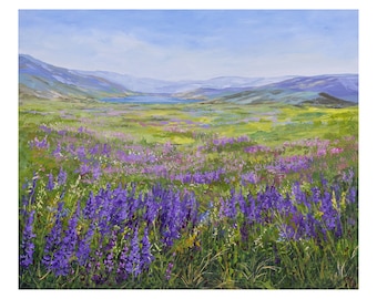 May include: A painting of a field of purple wildflowers in a valley with a lake in the distance. The sky is blue with white clouds.