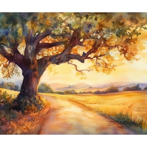 May include: Watercolor painting of a large tree with a sprawling canopy, set against a golden sunset. A dirt road leads through a field of wheat towards distant hills. The artwork features warm tones of yellow, orange, and brown.