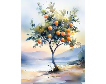May include: Watercolor painting of an orange tree laden with ripe oranges. The tree stands on a sandy shore with a lake and mountains in the background. The artwork uses soft blues, greens, and oranges.