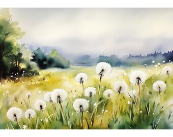 Dandelion Field Watercolor Print - Golden Meadow Landscape Wall Art