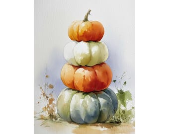May include: Watercolor painting of four stacked pumpkins in shades of orange, white, and green. The pumpkins are arranged in a vertical tower, with a small stem on top. The artwork has a soft, autumnal feel.