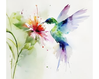 Aquarel giclée print kolibrie – Levendige bloemen vogel kunst aan de muur voor woonkamer decor, natuurliefhebber cadeau, kinderkamer, poster kinderkamer