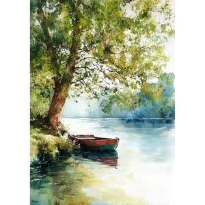 Wooden Boat on Calm Lake Watercolor Print – Serene Forest Pond Wall Art, Living Room, Cottagecore Nature Decor, Peaceful Cabin Gift