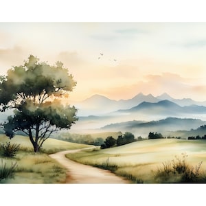 Impresión artística de sendero de montaña al atardecer en acuarela • Póster de arte de pared con paisaje de prado brumoso para decoración de casas de campo y cabañas • Regalo para la abuela