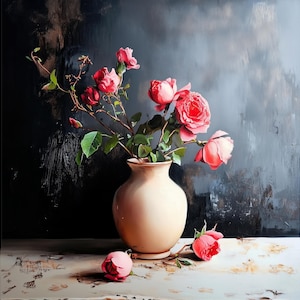 Impresión artística de bodegón vintage con rosas, pintura al óleo de rosas de jardín en un jarrón, arte floral cuadrado para pared, ideal para cocina, dormitorio y decoración de estilo rural.