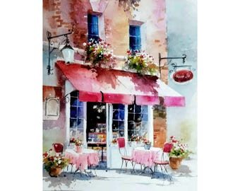 Roze Italiaanse café-aquarelgicléeprint – Europese straatkunst voor keukendecor,