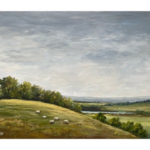 Pintura original de paisagem vintage: arte rústica do campo, arte de parede acrílica, pintura de paisagem rural temperamental, decoração de apartamento, ideia de presente