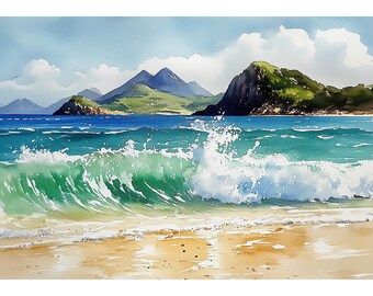 May include: A watercolour painting depicting a coastal scene. The image shows turquoise water with a breaking wave, green hills, and mountains under a blue, cloudy sky. A sandy beach is in the foreground.