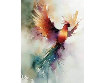 May include: Watercolor painting of a phoenix in flight. The bird features vibrant colors, including shades of red, orange, purple, and teal. The artwork has a soft, ethereal quality with blended brushstrokes and a light background.