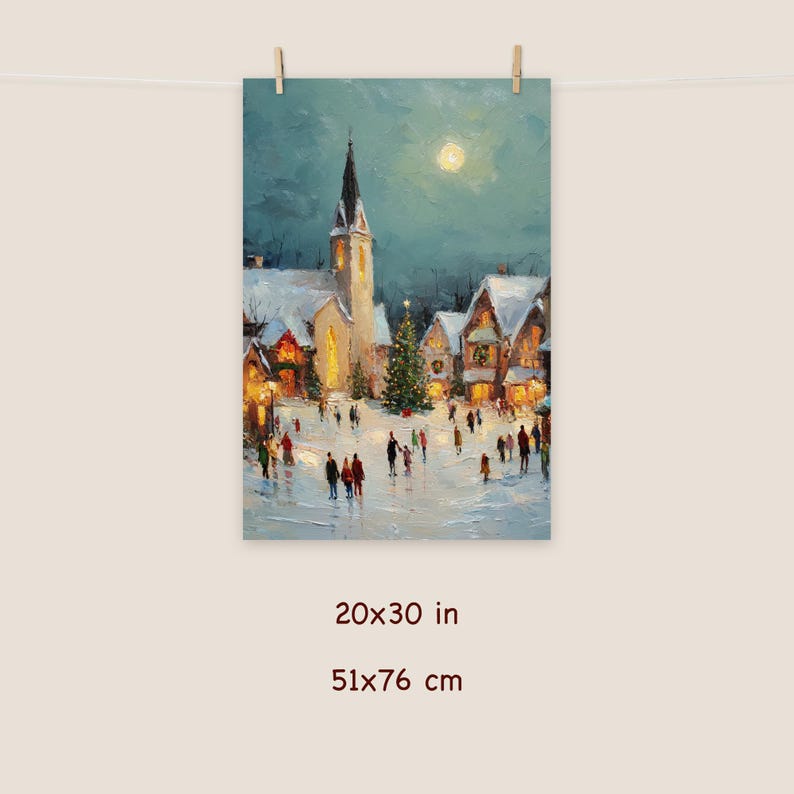 May include: A winter scene print depicting a snow-covered village with a church, illuminated buildings, and a Christmas tree. The artwork is 20x30 inches (51x76 cm) and features a full moon in the night sky. People are walking in the snow.