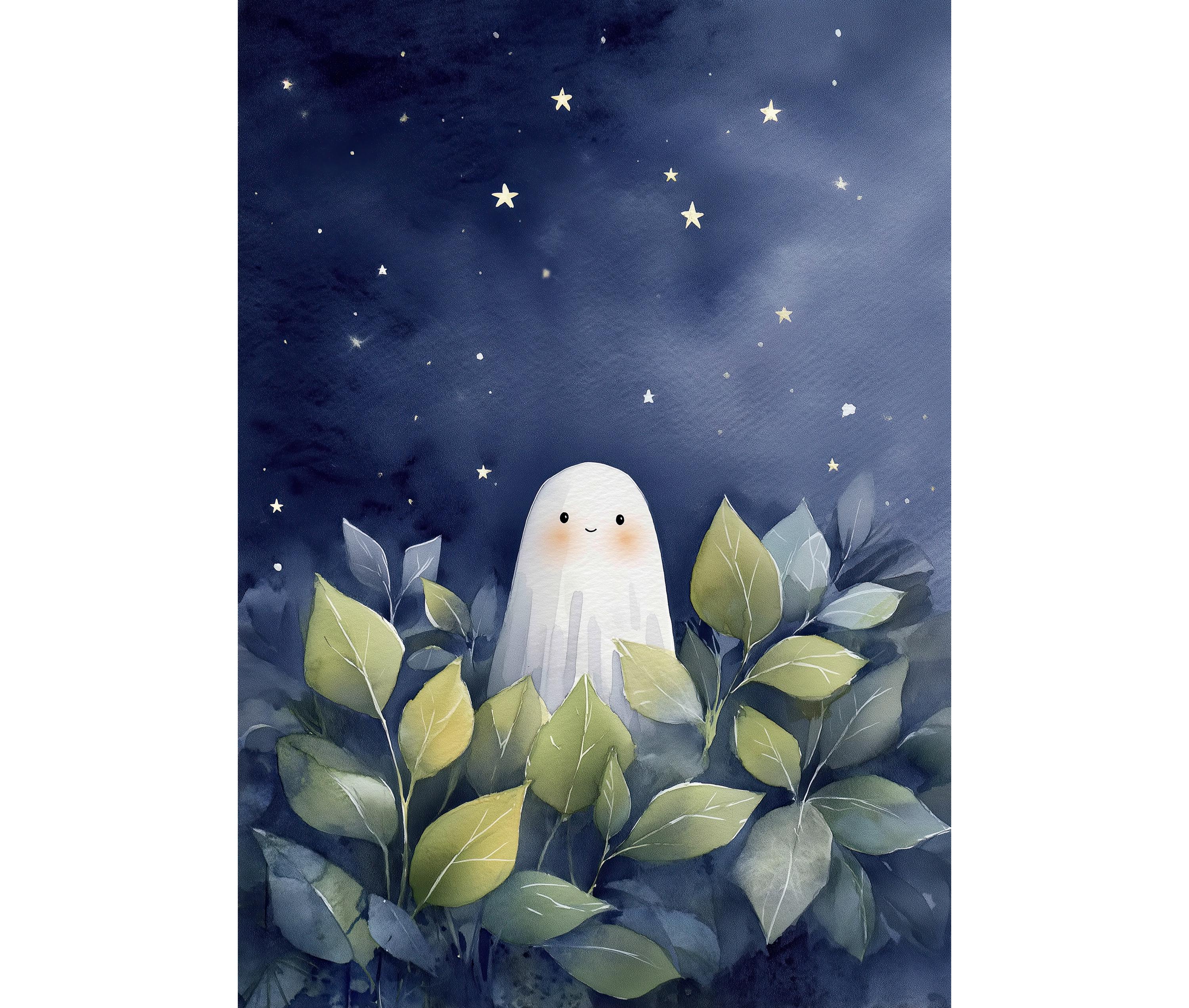 Ghost Watercolor Giclée Print - Whimsical Halloween Wall Art for Nursery or Kids Room Décor, Starry Night Landscape Poster