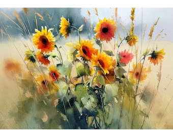 Sunflower Watercolor Giclée Print – Rustic Farmhouse Wall Art for Kitchen, Summer Landscape Poster