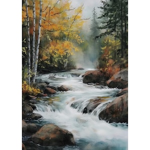 Könnte beinhalten: Aquarellmalerei eines Flusses, der durch einen Wald fließt. Das Kunstwerk zeigt eine lebendige Darstellung von Herbstfarben mit gelben und orangen Blättern an den Bäumen. Das Wasser ist weiß und schäumt und kontrastiert mit den braunen Felsen.