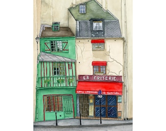 French Café Wall Art Print – Watercolor Street Illustration of Parisian Buildings, European Architecture Poster, Urban City Landscape Poster