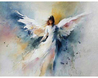 Guardian Angel Watercolor Giclée Print – Ethereal Spiritual Wall Art, Religious Decor for Bedroom or Meditation Space