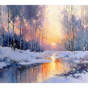 Puede incluir: Pintura a la acuarela de un paisaje invernal con un río que refleja la puesta de sol. Árboles desnudos bordean las orillas, con nieve cubriendo el suelo. El cielo transita del naranja al morado, creando una atmósfera serena.