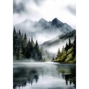 Stampa acquerello di un lago di montagna nebbioso • Arte murale neutra nordica • Poster di un paesaggio di una foresta di pini sempreverdi • Decorazione d'interni scandinava