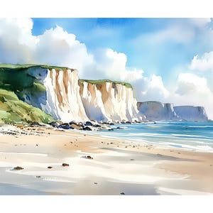 White Cliffs of Dover Watercolor Print, Coastal Wall Art, English Seaside Landscape Painting, Nautical Home Décor, Beach Giclée Poster