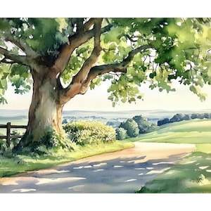 Impresión artística de acuarela de roble verde, paisaje campestre inglés de verano, póster de la campiña de Cornualles, arte mural estilo cottagecore, decoración rústica