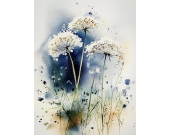 May include: A watercolour painting featuring three white, umbel-shaped flowers with intricate details, set against a backdrop of blue and white washes. Green stems and leaves provide contrast. Splatter effects enhance the artistic style.
